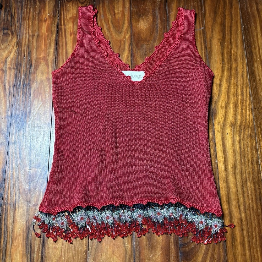 Julie's Bottega Elaris Red Shimmer Beautiful Beaded Fringe Tank Top Art S A1397
